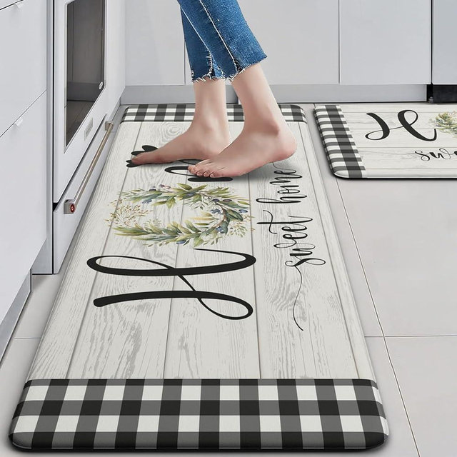 MAYHMYO Buffalo Plaid Kitchen Mat Set of 2 Farmhouse Black and White Kitchen Rugs Non Slip Green Wreath Leaves Floral Waterproof Comfort Mat for Kitchen Sink Floor Laundry Office