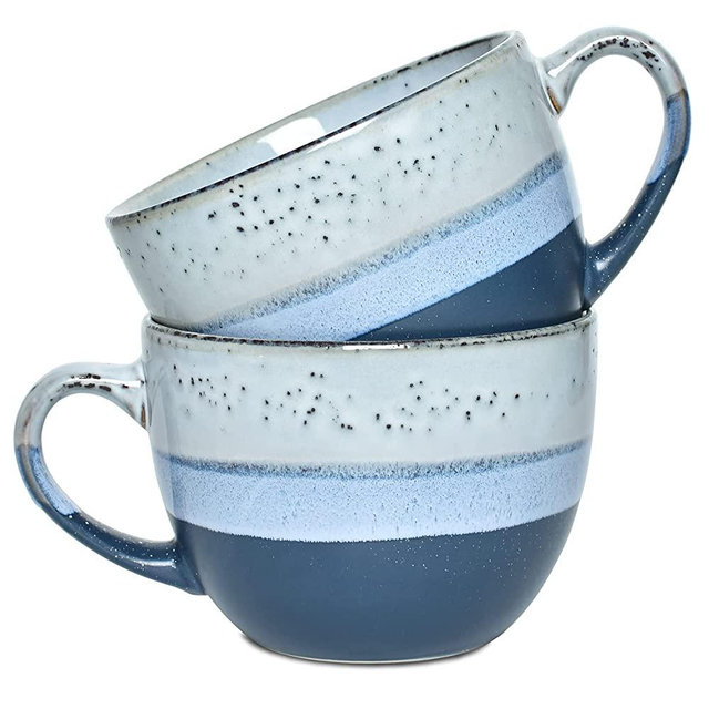 Bosmarlin Large Stoneware Coffee Latte Mug Set of 2, Ceramic Jumbo Soup Mugs for Office and Home, 18 Oz, Dishwasher and Microwave Safe (Blue, 2)