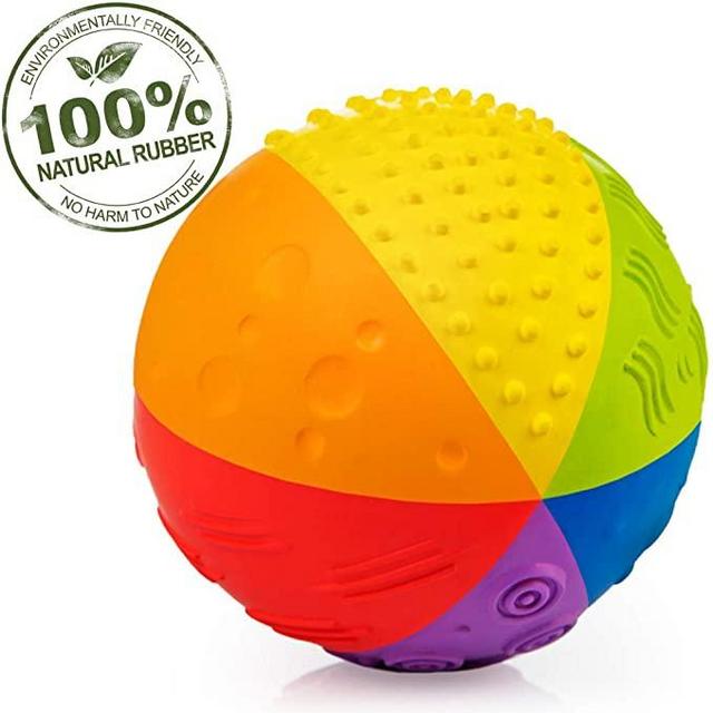 Natural Rubber Sensory Ball Rainbow 4" - All Natural Sensory Toy, Promotes Sensory Development, Rainbow Colors, Perfect Bouncer, Gentle Squeaking, BPA Free, PVC Free, Food-grade paint