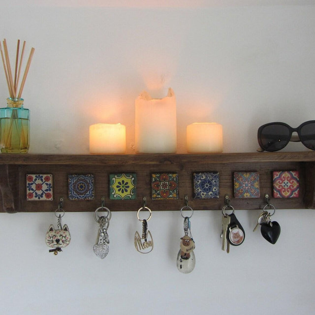 Rustic wood Mexican style shelf with key hooks hand painted Mexican terracotta tiles kitchen shelf / entryway shelf
