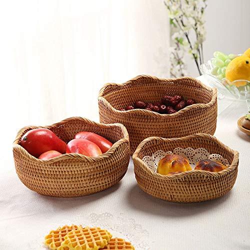 YANGQIHOME Rattan Round Fruit Baskets, Wicker Storage Bowls, Natural Woven Serving Basket Bowls, Decorative Baskets for Kitchen Counter Organizing, Set of 3