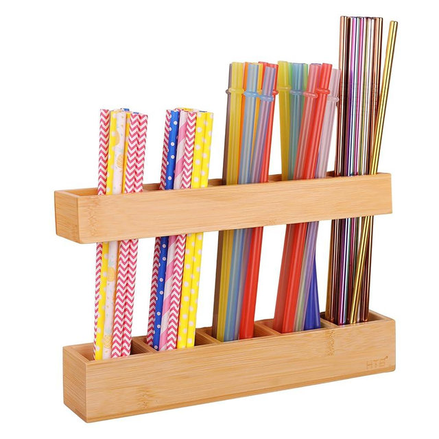 HTB 9.8” Straw Holder for Cabinet Door,Adjustable Reusable Straw Organizer Storage Rack with Sticky Adhesive,Space-Saving Kitchen Accessories Container for Wall