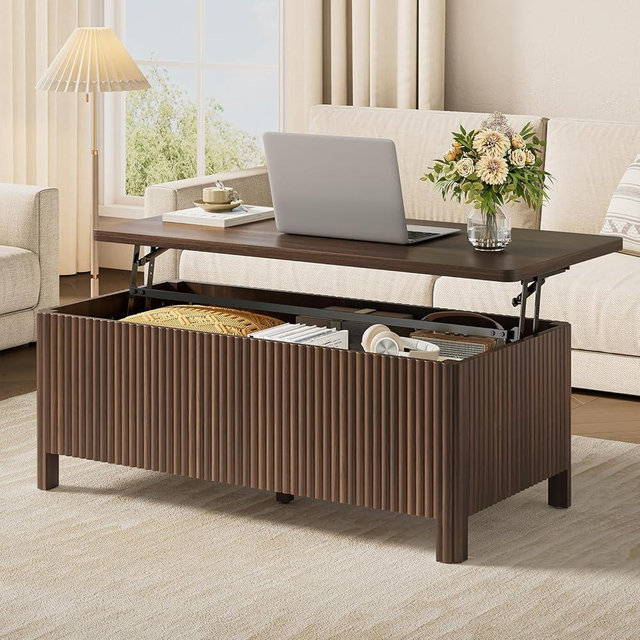 ONBRILL Fluted Lift Top Coffee Table with Storage, Mid Century Modern Coffee Table with Hidden Compartment, Rising Top Wood Center Table for Living Room, Home Office, Rounded Edges (Walnut)