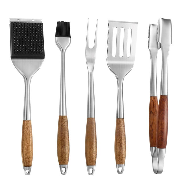 5 pcs Heavy-Duty Rose Wooden BBQ Grilling Tools Set, Extra Thick Stainless Steel Multi-Functional Spatula, Fork, Tong, Oil Brush, Cleaning Brush - an Excellent Barbecue Gift for Men