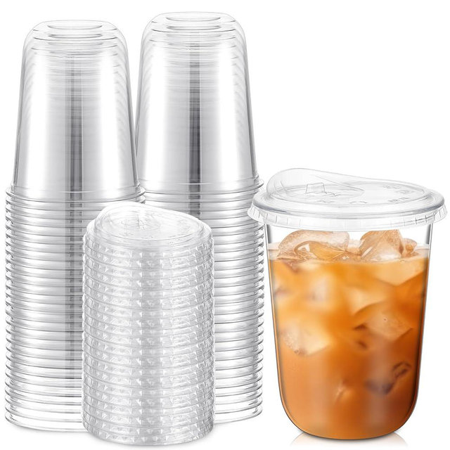 Ziliny 50 Sets 16 oz Clear Plastic Cups with Strawless Sip Lids, Thickened Clear Disposable Plastic PET Crystal Cups for Iced Coffee, Smoothie, Cold Beverage, Drink Shops and Party Catering