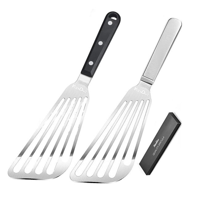 KSENDALO Fish Spatula Stainless Steel, Egg Flipper Spatula with Thin Flexible Slotted and Angled Blade for Kitchen Cooking, Grill, Camping, Essential Metal Spatulas,Silver Kitchen Utensils Set