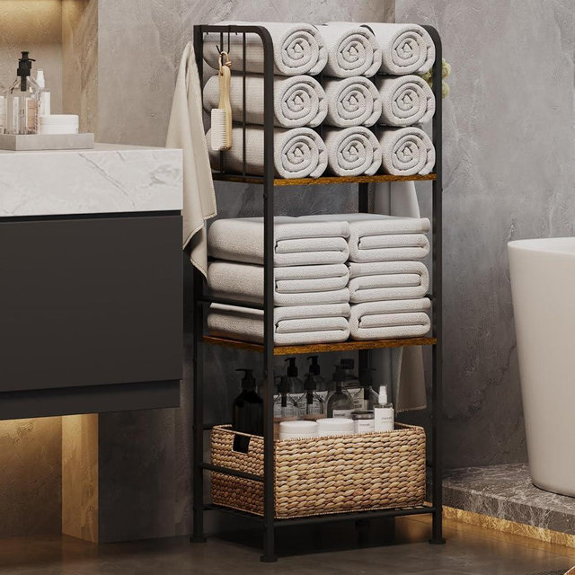 Towel Rack for Bathroom 3-Tier M-Shaped Detachable Dividers, Durable Metal Towel Holder, Pool Items Holder, Space-Saving Storage Organizer, Modern Bath Towel Shelf Free Standing Patent Pending