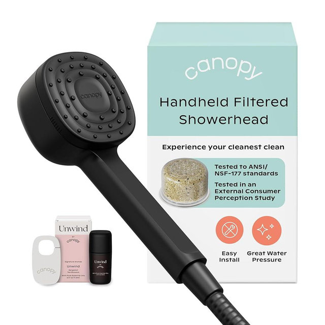 Canopy Handheld Filtered Shower Head & Scalp Massager - High Pressure Shower Head Filter for Hard Water - Shower Filter To Remove Impurities for Healthier Scalp, Skin & Hair - Hair Growth - Black