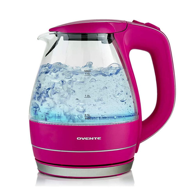 Ovente Portable Electric Glass Kettle 1.5 Liter with Blue LED Light and Stainless Steel Base, Fast Heating Countertop Tea Maker Hot Water Boiler with Auto Shut-Off & Boil Dry Protection, Pink KG83F