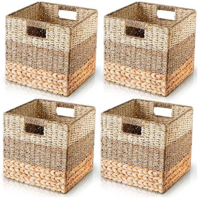 CHI AN HOME Wicker Storage Cubes, 10.5 x 10.5 Baskets for Cube Shelf, Set of 4 Heavy Duty Hyacinth Cube Bins, 11 inch Natural Foldable Square Baskets for IKEA Kallax, 11x11 Cubby Rattan Basket