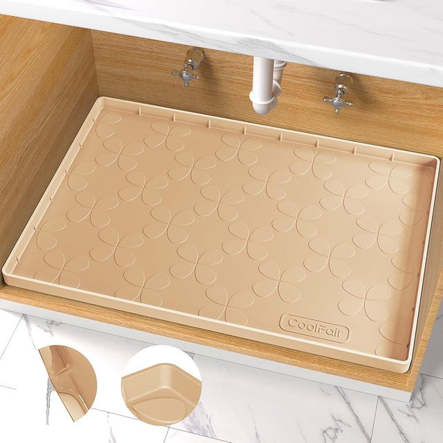 Waterproof Under Sink Mat, 34" x 22" Silicone Mat for Kitchen Bathroom, Cabinet Liner for Kitchen Organizers and Storage Sink Drip Tray, Leaks, Easy to Clean, Holds 3.3 Gallons - Beige