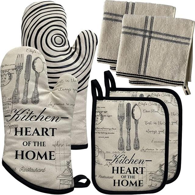 GREVY Cotton Oven Mitts with Silicone Grip Pot Holder Terry Washcloths Basic Kitchen Line Set(6 Pack)