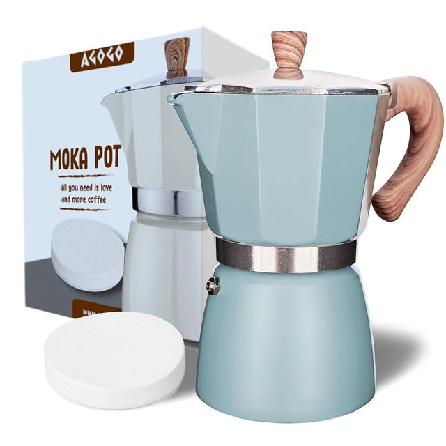 AGOGO Milano Moka pot, Stovetop Espresso maker, Greca Coffee Maker, Stovetop coffee maker and espresso maker percolator With Paper Filter 6 Cup Lake Blue