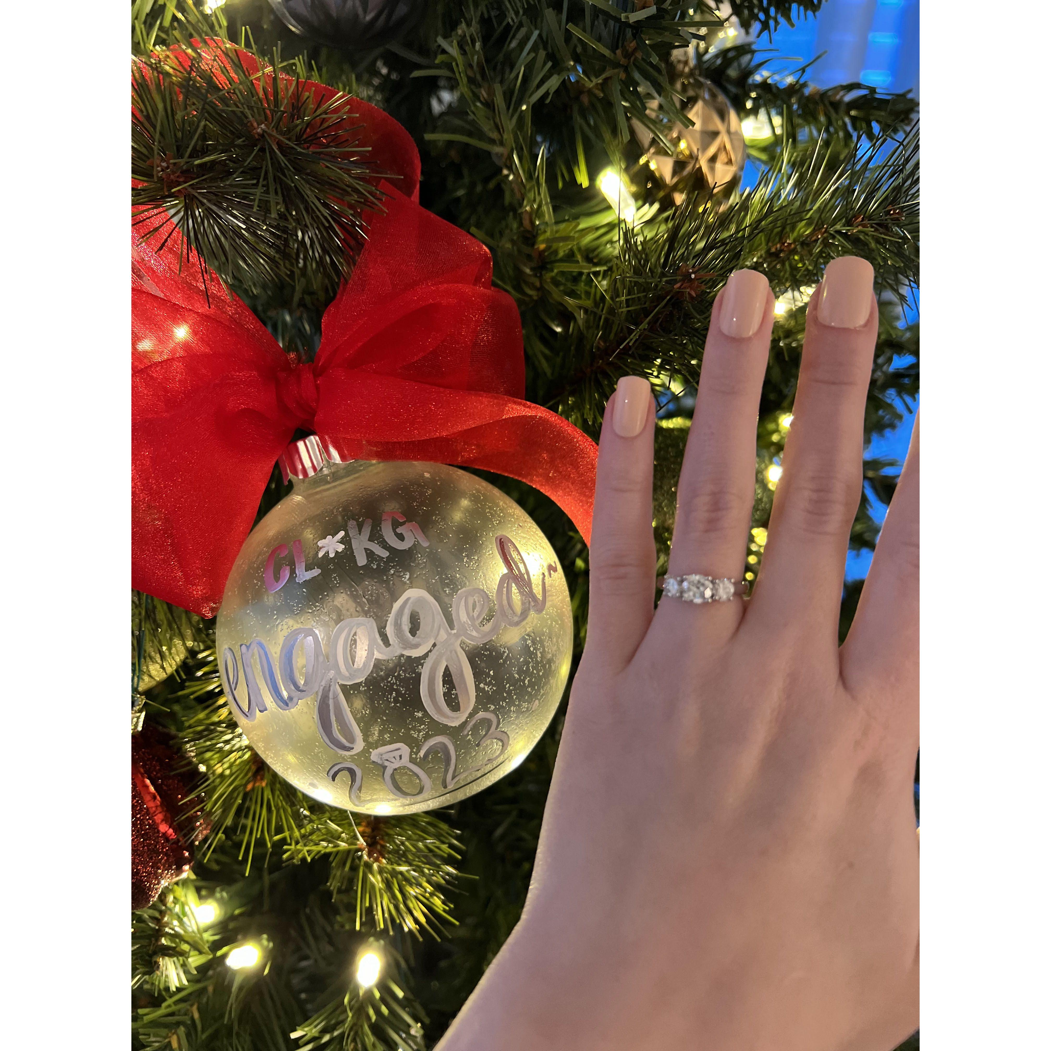 Kevin proposed to Caroline at her apartment as they were decorating for Christmas. He presented Caroline with a custom ornament to commemorate their engagement before getting down on one knee!