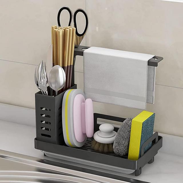 Sink Caddy Kitchen Sink Organizer, Bethom Stainless Steel Sponge Brush Soap Holder Dish Rack for Kitchen with Dishcloth Hanging Bar, Freestanding or Wall-Mounted, Black