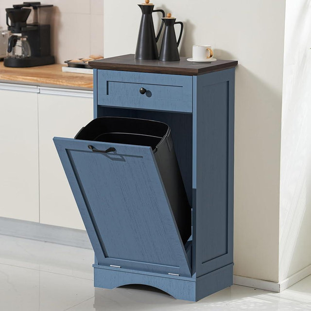 13 Gallons Tilt Out Trash Cabinet Freestanding Kitchen Trash Bin Cabinet Wood Garbage Recycling Cabinets with Hideaway Drawer Pet Proof Trash Can Holder for Kitchen Living Room, Blue
