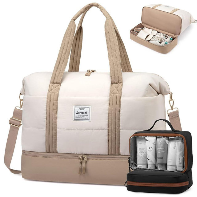 LOVEVOOK Travel Duffle Bag for Women, 3Pcs Puffer Large Weekender Overnight Bag with Shoe Compartment, Water Resistant Gym Duffel Bag, Carry on Bag for Hospital Delivery with Toiletry Organizer