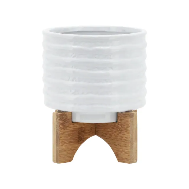 6" Ceramic Planter on Stand White Stripe - Sagebrook Home: Ridged, Wood Stand, Indoor/Outdoor Use