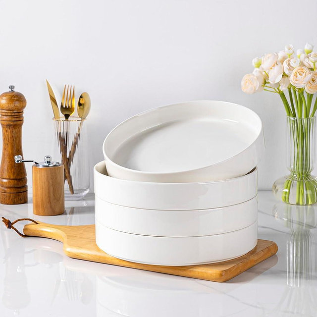 LERATIO Pasta Bowls Set of 4,30 Oz Ceramic Large Salad Bowls,Stackable,Wide Modern Porcelain Bowls for Pasta,Salad,Fruit,Bread,Microwave & Oven & Dishwasher Safe Shallow- White