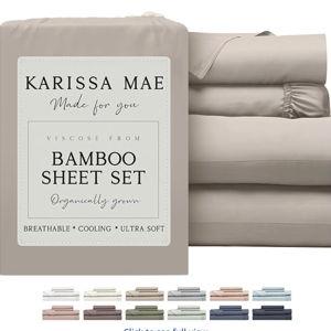 KARISSA MAE Cooling Bamboo Viscose King Size Sheet Set | 100% Organically Grown | 18” Deep Pocket | Silky, Soft, & Hypoallergenic | with Organizer Band & Elastic Corner Straps [Dune]