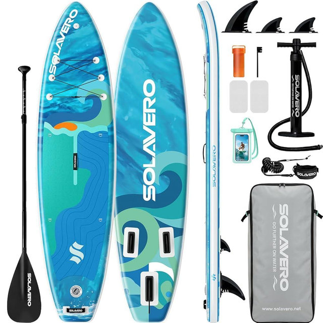 SOLAVERO Stand Up Paddle Board 11' Inflatable SUP for Adults, Blow Up Paddle Board with Non-Slip EVA Deck 500LB Capacity Wide Board for All Skill Levels