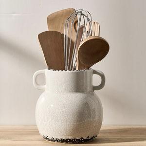 JIEMEI HOME Kitchen Utensil Holder with Handle, 6.85" Ceramic Farmhouse Stable Utensil Crock for Countertop, Utensil Organizer with Cork Bottom, Spatula Holder For Kitchen Decor, White
