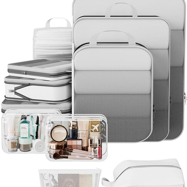 Veken 11 Set Compression Packing Cubes for Travel Essentials,Compressible Expandable Large Luggage Suitcase Organizer Bags for Clothing,Durable Space Saver Storage Bags with Toiletry Bags(White)