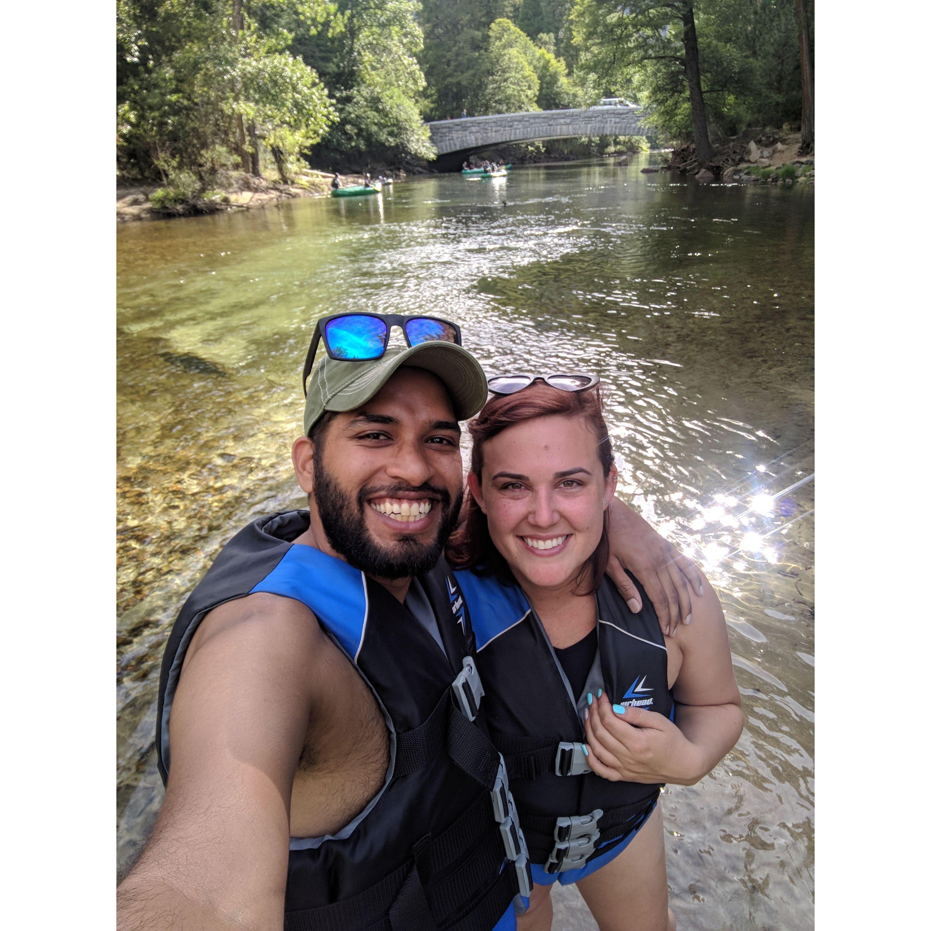 Rafting down the Merced river on a camping trip in Yosemite