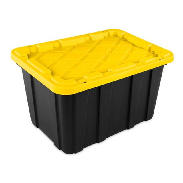Sterilite 27 Gallon Industrial Stackable Storage Tote Snap-Fit Lidded Home Garage Organization Container with Carrying Handles, 6 Pack, Black/Yellow