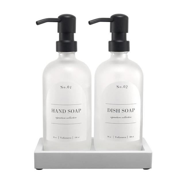 Volisnova Glass Soap Dispenser Set with Concrete Tray - Farmhouse Bathroom & Kitchen Soap Dispenser - Hand Soap, Dish Soap, Lotion Dispenser with Waterproof Labels (Frosted Bottles with Black Pumps)