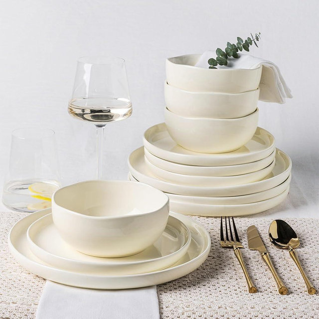 TheTerra Ceramic Dinnerware Sets for 4, 12 Pieces Porcelain Lightweight Plates and Bowls Sets, Scratch Resistant Dish Set, Oven & Microwave & Dishwasher Safe,Ivory