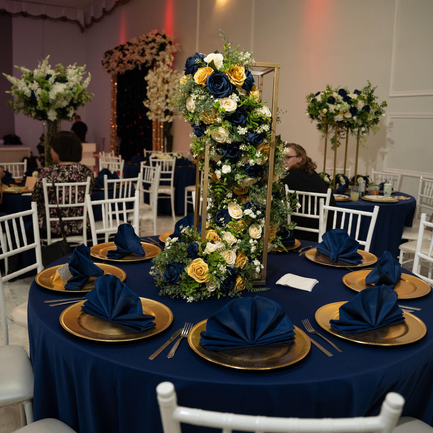 The blue color theme was chosen by the groom.