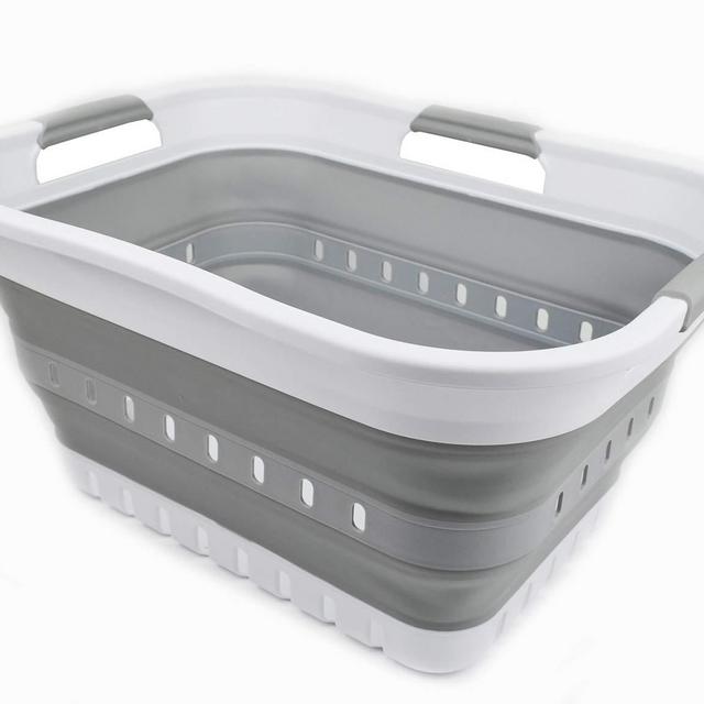 SAMMART 30L (8 gallon) Collapsible 3 Handled Plastic Laundry Basket - Foldable Pop Up Storage Container/Organizer - Space Saving Hamper/Basket (White/Grey)
