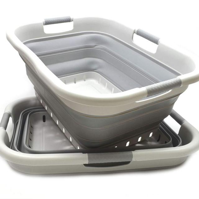 SAMMART Set of 2 Collapsible 3 Handled Plastic Laundry Basket - Foldable Pop Up Storage Container/Organizer - Portable Washing Tub - Space Saving Hamper/Basket (2, Grey/Grey)