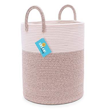 OrganiHaus Cotton Rope Basket in Brown and Off-White | Large Blanket Storage Basket for Living Room with Long Handles