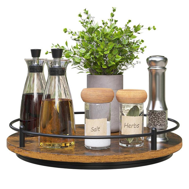 KOKSTOP Lazy Susan Organizer：11 Inch Black Wooden Turntable Holder for Pantry&Dinning Table Rotating Round Spice Rack for Dresser Makeup, Counertop, Home&Kitchen