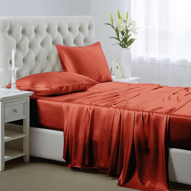 Lanest Housing Silk Satin Sheets, 4-Piece King Size Satin Bed Sheet Set with Deep Pockets, Cooling Soft and Hypoallergenic Satin Sheets King - Burnt Orange