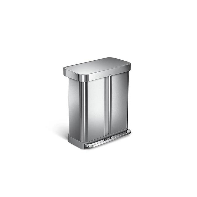simplehuman 58 Liter / 15.3 Gallon Rectangular Hands-Free Dual Compartment Recycling Kitchen Step Trash Can with Soft-Close Lid, Brushed Stainless Steel