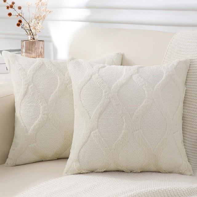 decorUhome Decorative Throw Pillow Covers 18x18 Set of 2, Soft Plush Faux Fur Wool Pillow Covers for Couch Bed Sofa Living Room, Beige