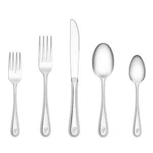 Beaded Monogrammed Letter P 46-Piece Silver Stainless Steel Flatware Set (Service for 8)