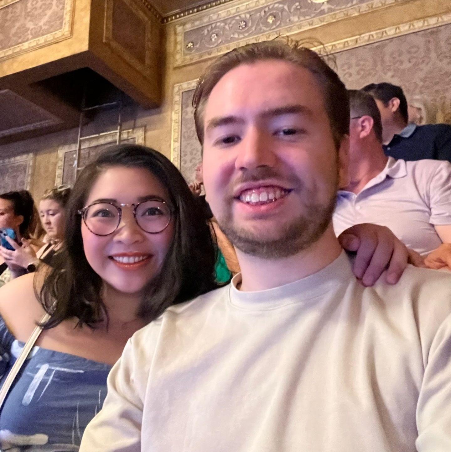 We met in the middle in NYC! Vi took Luke to his first Broadway show — The Book of Mormon.