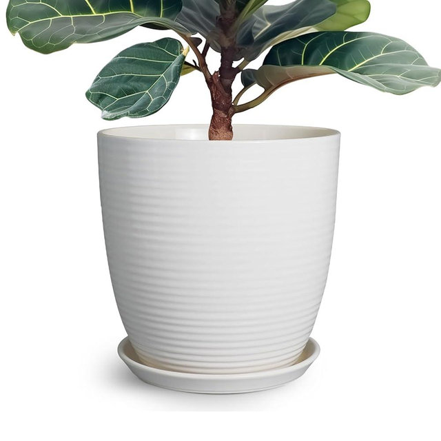 EPFamily 12 Inch Ceramic Planter With Drainage Hole and Saucer - Large Round Flower Pot for Indoor Outdoor Plants, White
