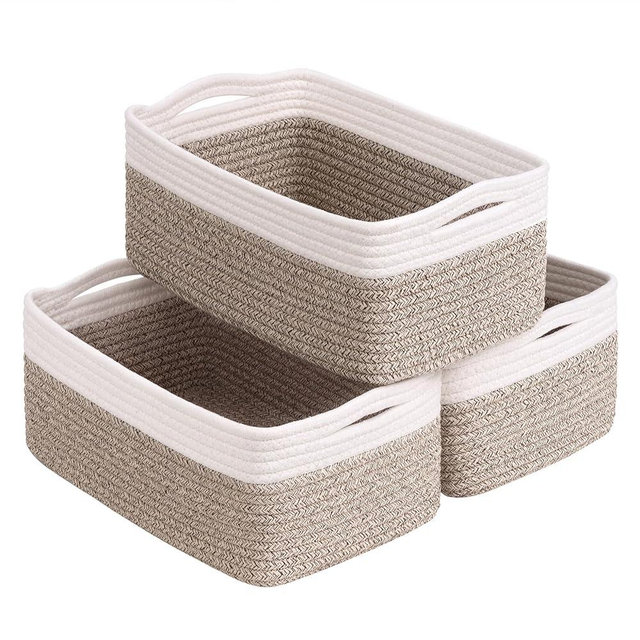 Goodpick Baskets for Organizing, 13 x 8 x5 in, Baskets for Shelves, Toy Storage, Home Decor, Dorm Decor 3 Pack for Bathroom, White & Light Brown