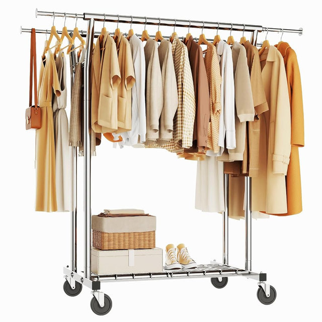 HYSEYY Heavy Duty Clothes Rack, Rolling Clothing Rack for Hanging Clothes with Shelves Load 700LBS,Portable Garment Wardrobe Closet Rack with Wheels for Bedroom,Laundry Room,Retail Store,Silver
