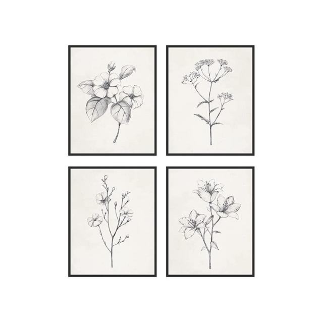 Haus and Hues Grey Floral Wall Art - Set of 4 Plant Posters for Wall Vintage, Botanical Prints, Black and White Flower Pictures for Room Aesthetic, Farmhouse Bathroom, Rustic Art (8x10, UNFRAMED)