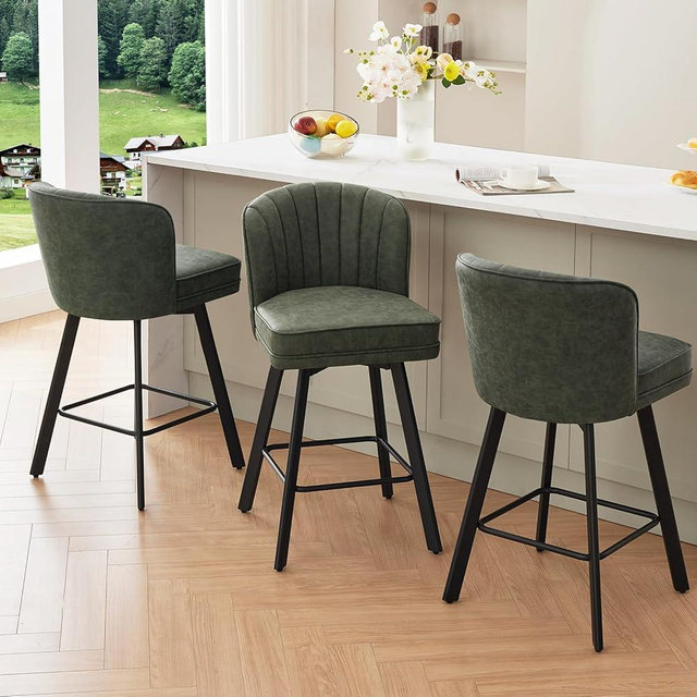 SAECKBERG Swivel Counter Height Bar Stools Set of 3, 26'' Modern Barstools with Backs and Metal Legs, Upholstered Bar Chairs, Faux Leather Green Stools for Kitchen Island Chairs