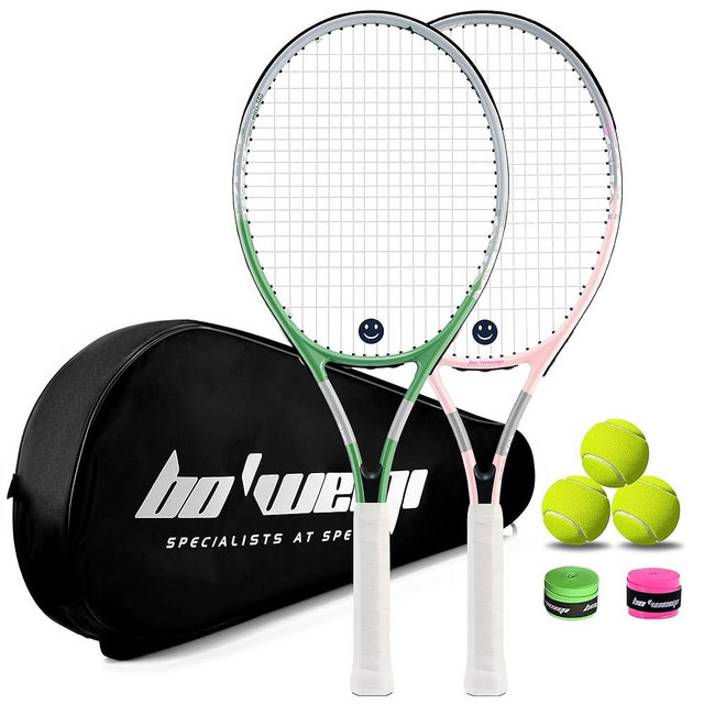 bo'weiqi 27" Recreational Tennis Racket Set 2 Players Lightweight Pre-Strung Tennis Racquets for Beginners, Including 3 Balls, 2 Overgrips, 2 Vibration Dampers and 1 Bag