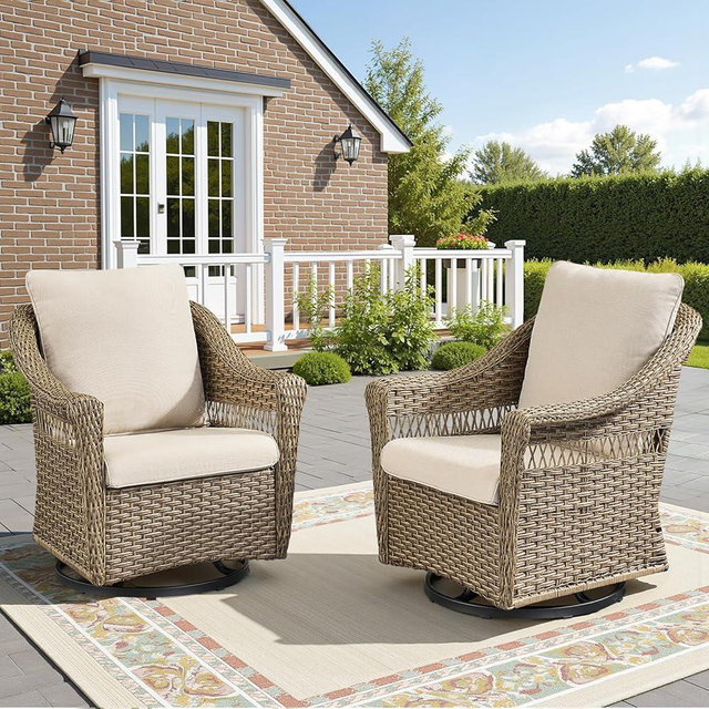 Swivel Patio Chairs Set of 2 with High Back - Wicker Outdoor Swivel Rocker Patio Chair Comfortable Outdoor Glider Chairs with 4" Thick Cushion for Balcony, Porch, Deck, Poolside - Light Brown/Beige