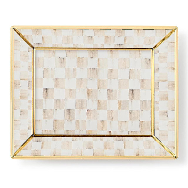 MACKENZIE-CHILDS Glass Tray, Decorative Bathroom Counter Tray, Small, Brown-and-White Mocha Check
