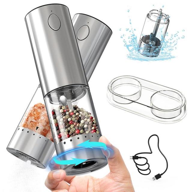 CIRCLE JOY Electric Salt and Pepper Grinder Set Rechargeable Stainless Steel Salt and Pepper Shakers with LED Light and Storage Base, External Adjustable Coarseness for Hygienic Easy Use